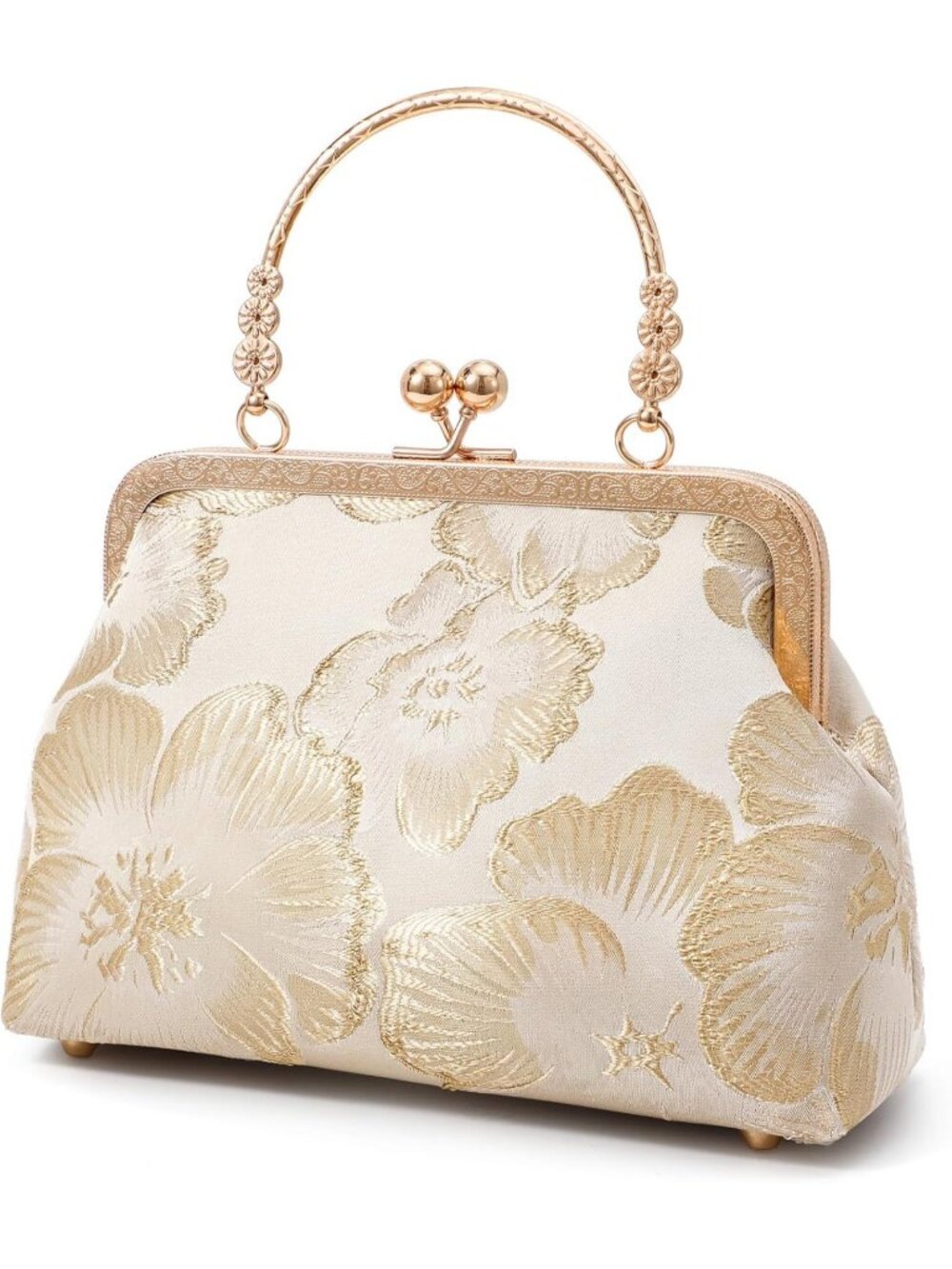 Womens Beige Gold Floral Embroidered Kiss Lock Frame Clutch Evening Bag Purse